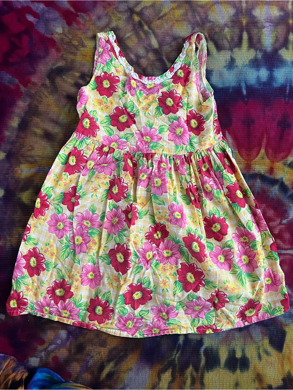 VTG 90s Girls Floral Gingham Sun Dress Crochet Trim Open Back
